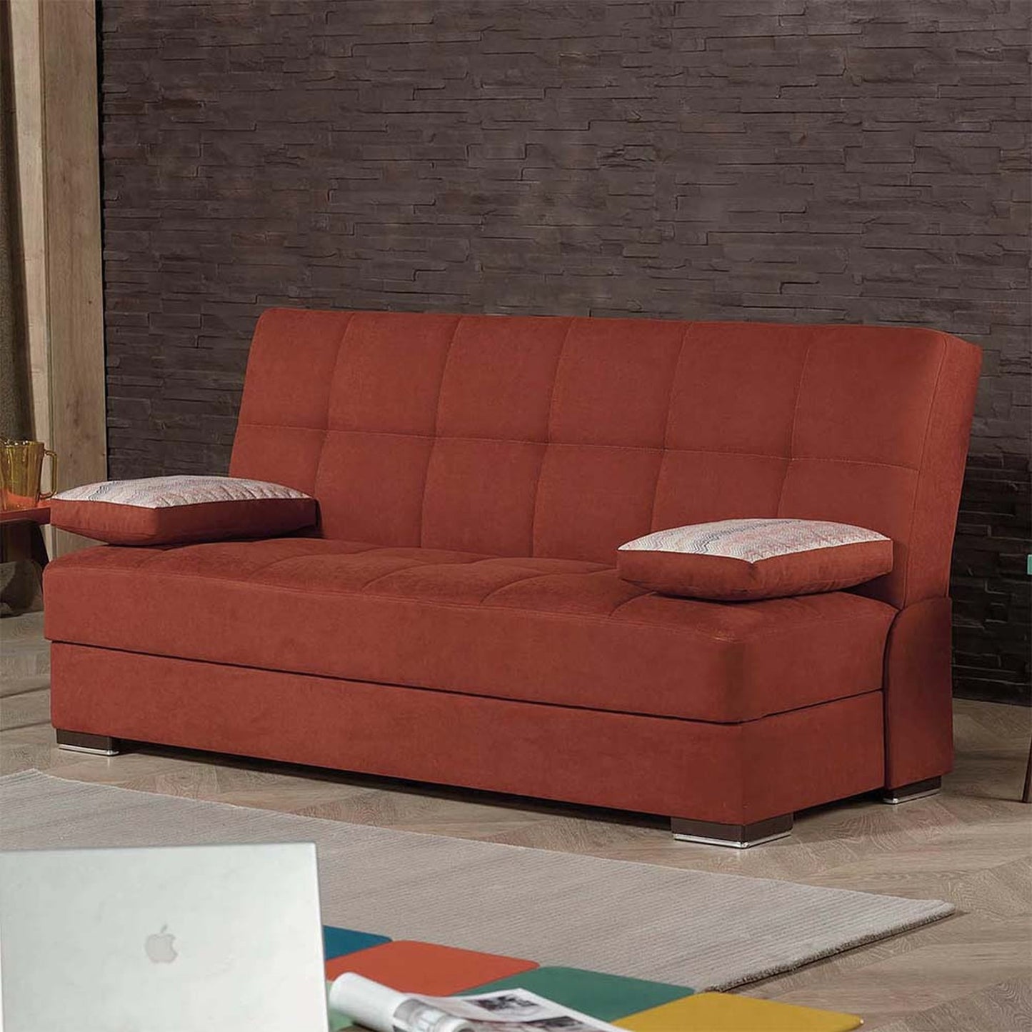 75" Orange Chenille Convertible Futon Sleeper Sofa And Toss Pillows With Storage-5