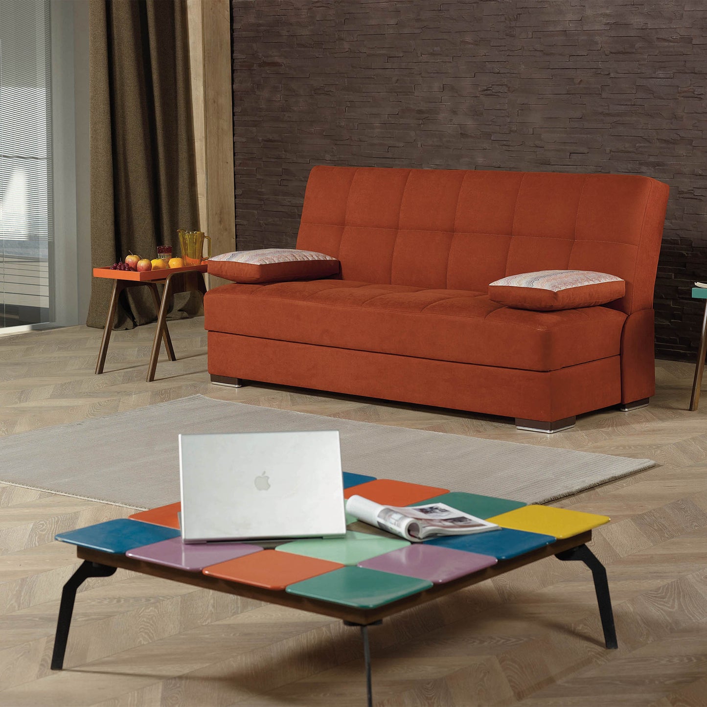 75" Orange Chenille Convertible Futon Sleeper Sofa And Toss Pillows With Storage-6
