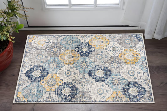2' X 3' Blue Gray And Gold Floral Medallion Area Rug-0