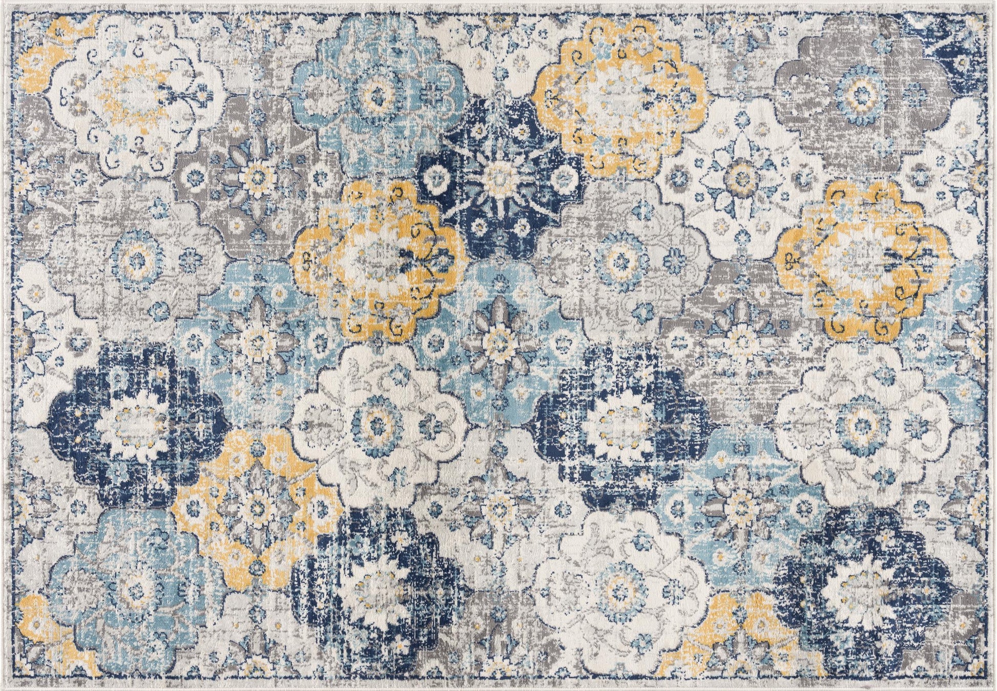 2' X 3' Blue Gray And Gold Floral Medallion Area Rug-1