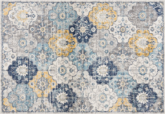 2' X 3' Blue Gray And Gold Floral Medallion Area Rug-1