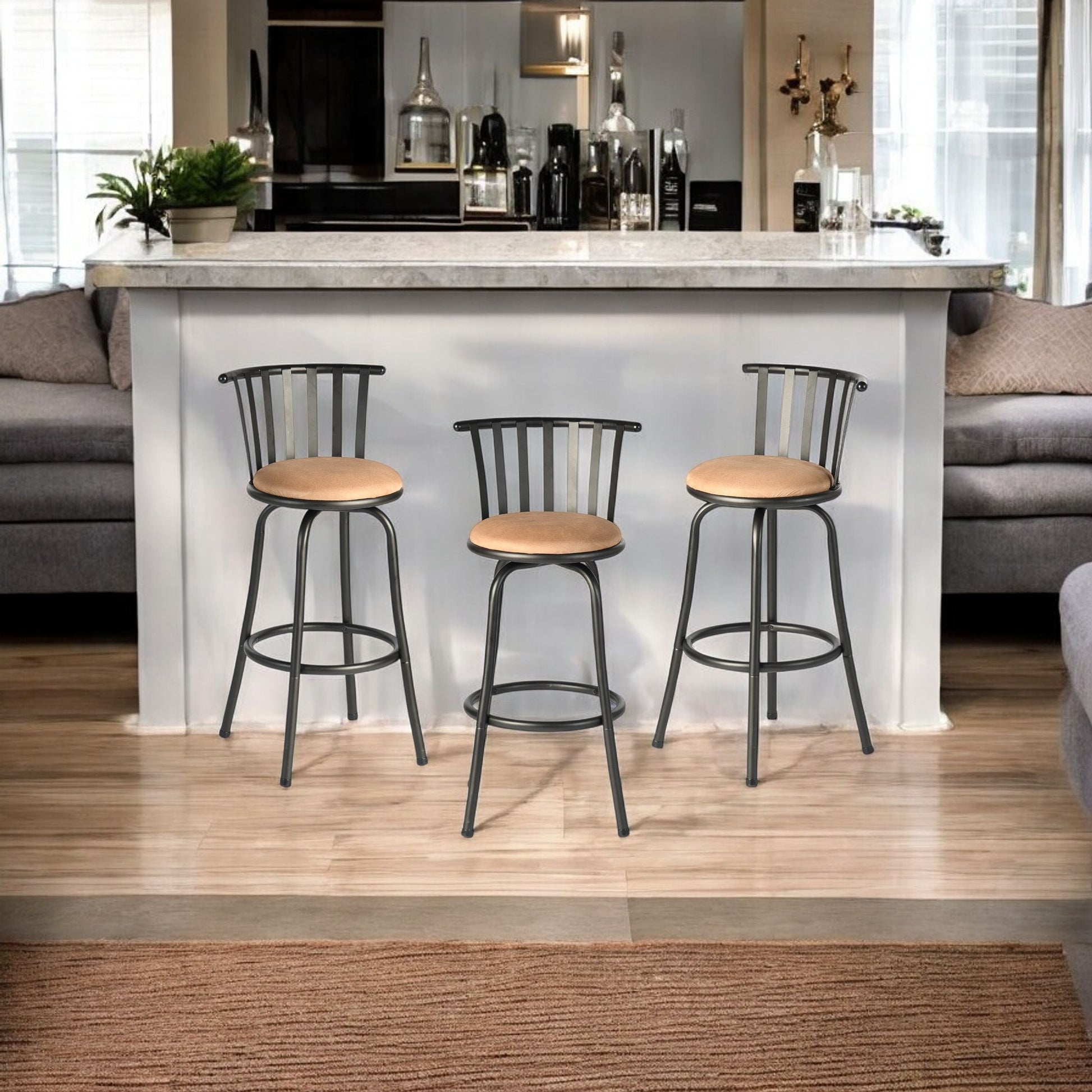 Set of Three Brown and Black Faux Leather and Iron Low Back Adjustable Height Swivel Bar Chairs-2
