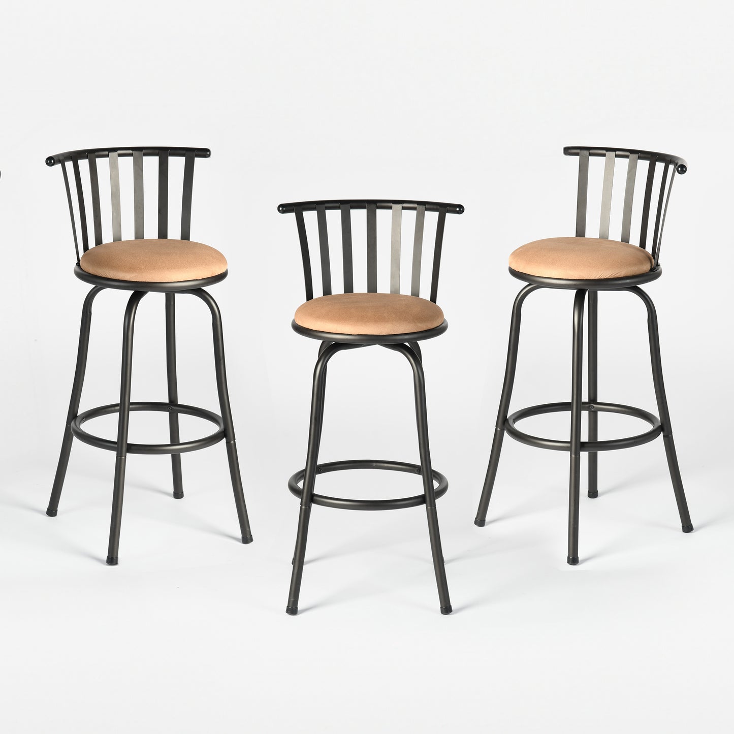 Set of Three Brown and Black Faux Leather and Iron Low Back Adjustable Height Swivel Bar Chairs-0