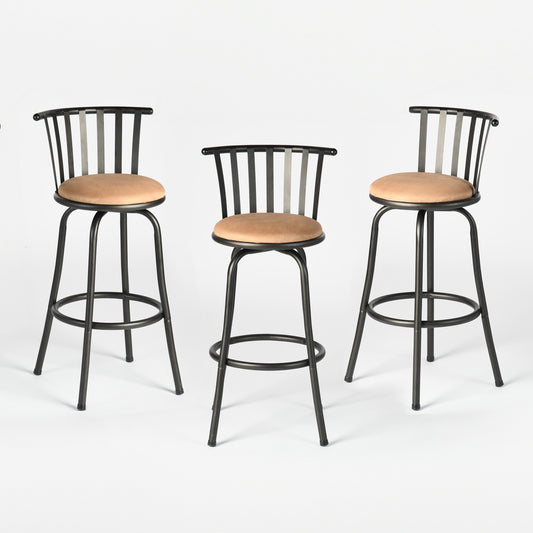 Set of Three Brown and Black Faux Leather and Iron Low Back Adjustable Height Swivel Bar Chairs-0