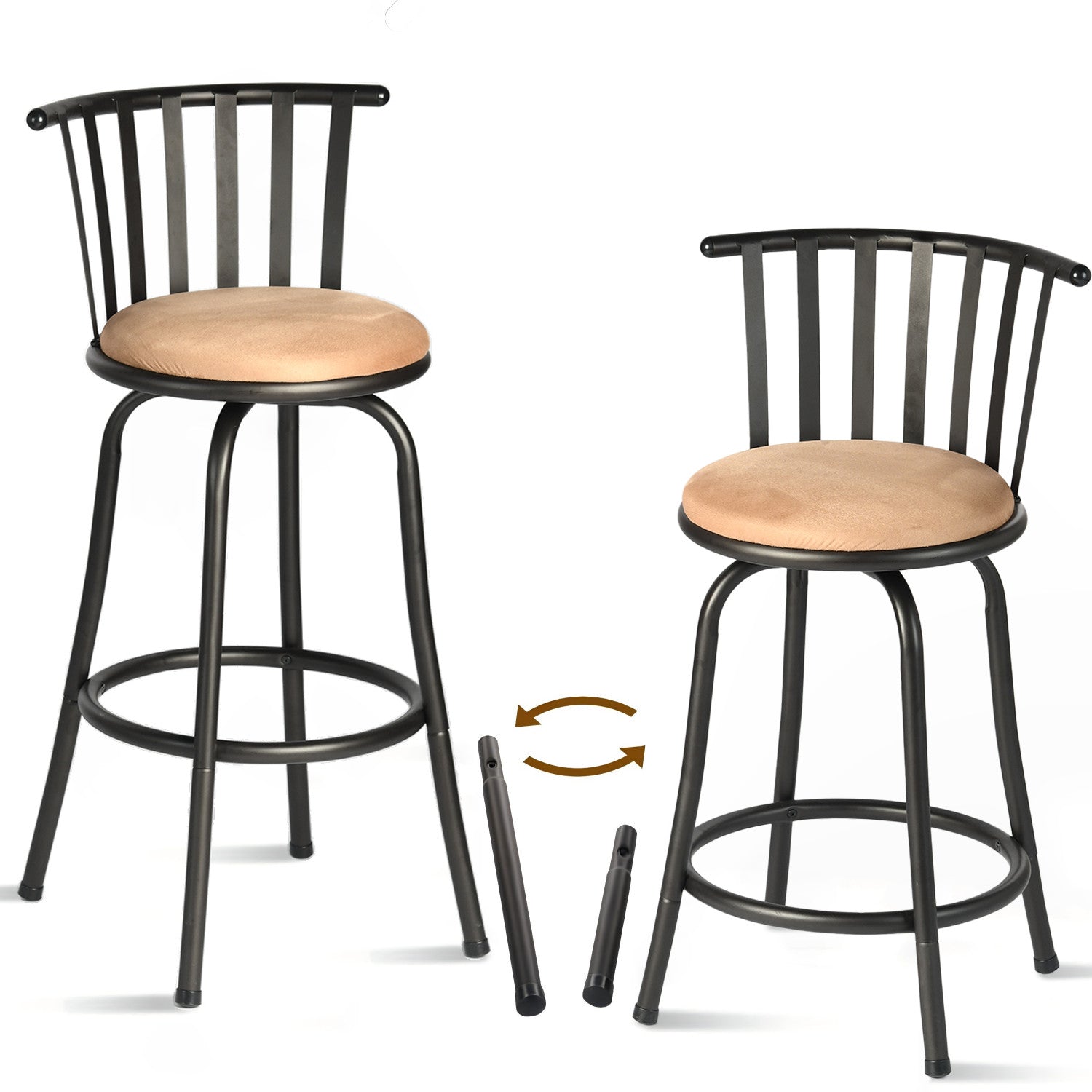 Set of Three Brown and Black Faux Leather and Iron Low Back Adjustable Height Swivel Bar Chairs-3