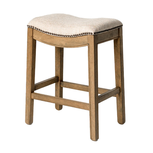 26" Beige and Brown Fabric and Solid Wood Backless Counter Height Bar Chair-1