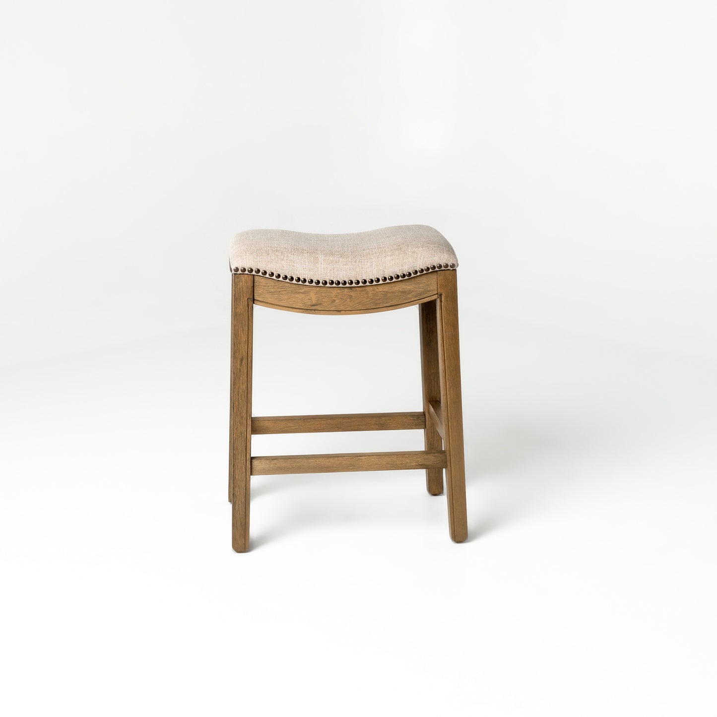 26" Beige and Brown Fabric and Solid Wood Backless Counter Height Bar Chair-3