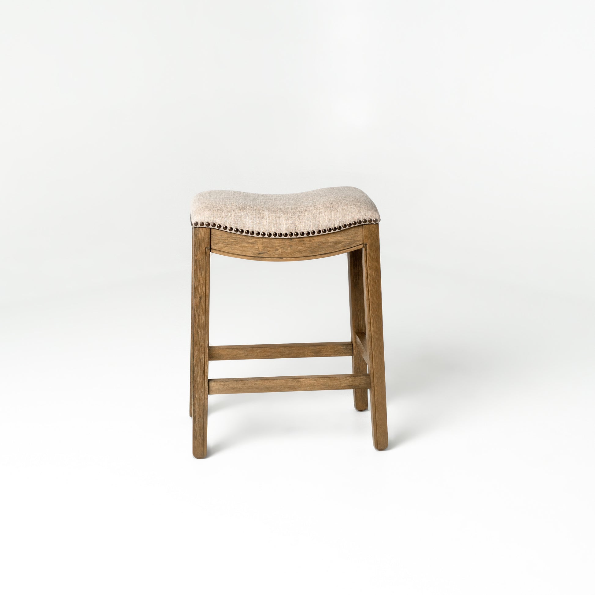 26" Beige and Brown Fabric and Solid Wood Backless Counter Height Bar Chair-3
