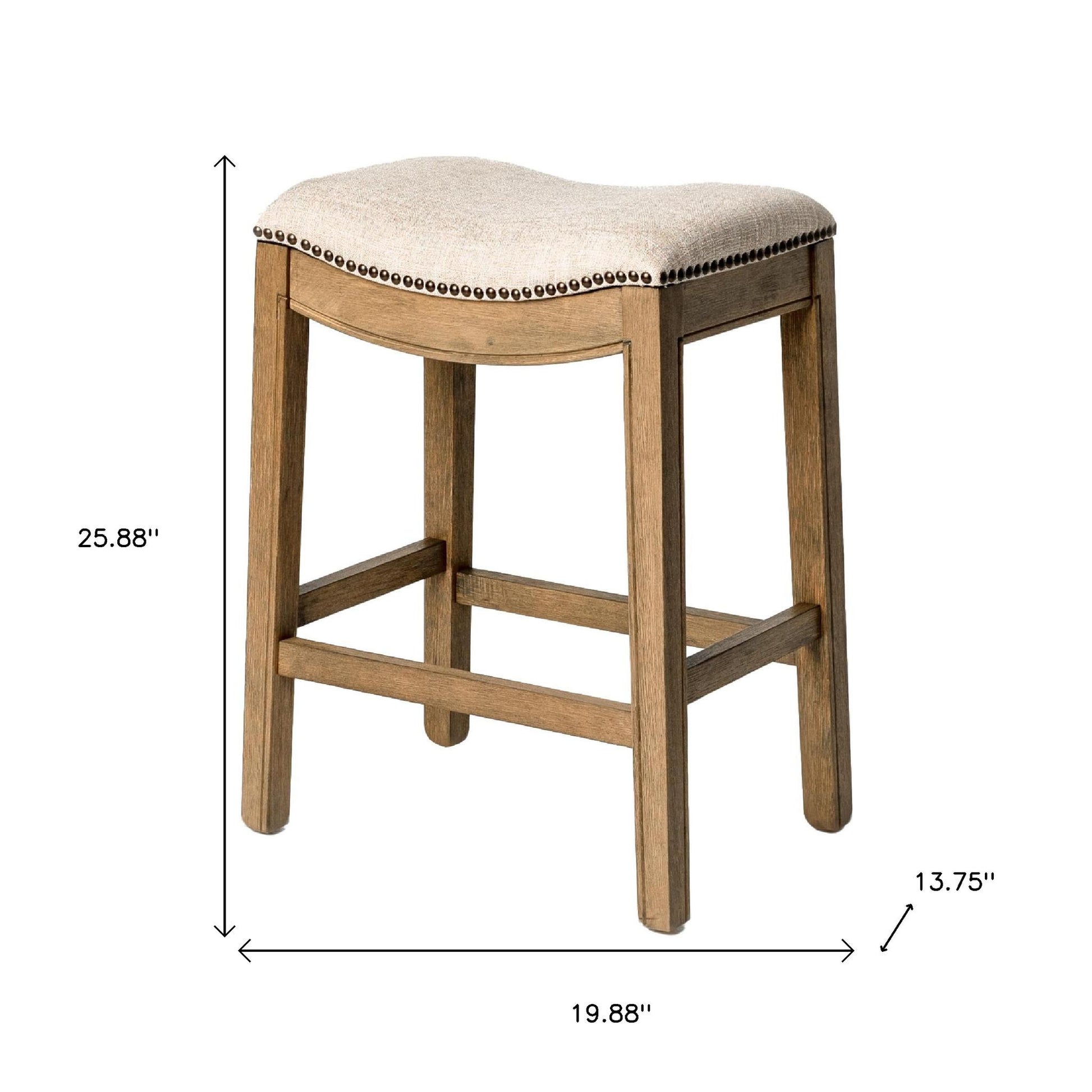 26" Beige and Brown Fabric and Solid Wood Backless Counter Height Bar Chair-4