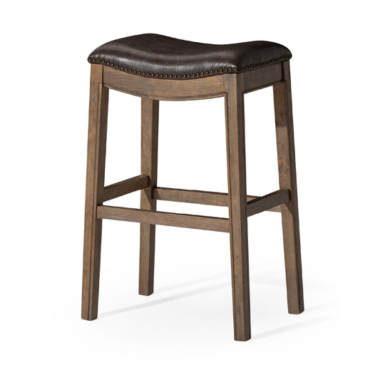 31" Brown Faux Leather and Solid Wood Backless Bar Height Bar Chair-1
