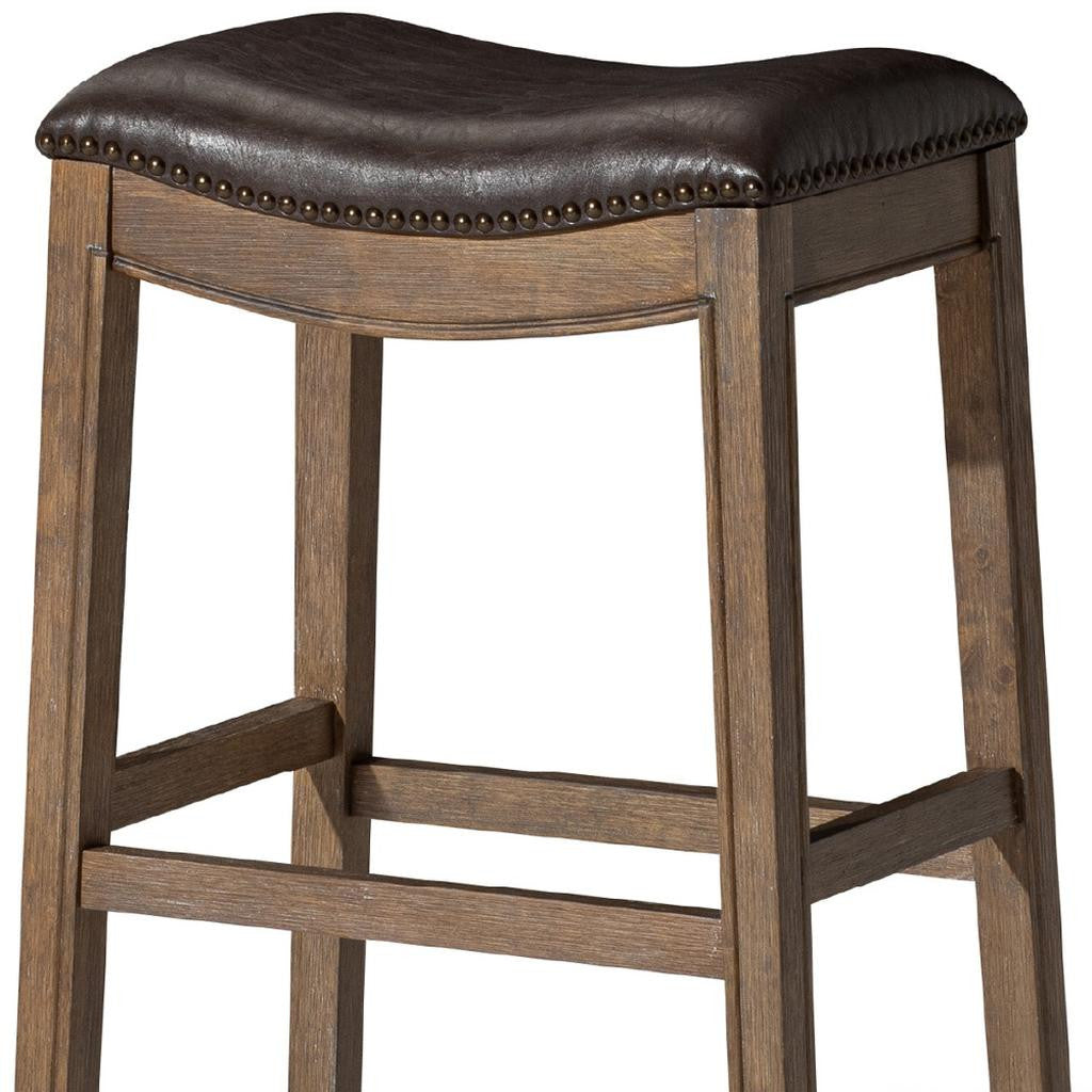 31" Brown Faux Leather and Solid Wood Backless Bar Height Bar Chair-5