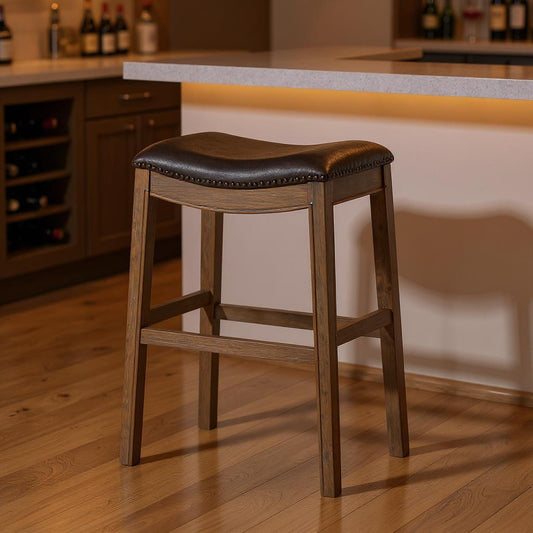 31" Brown Faux Leather and Solid Wood Backless Bar Height Bar Chair-0