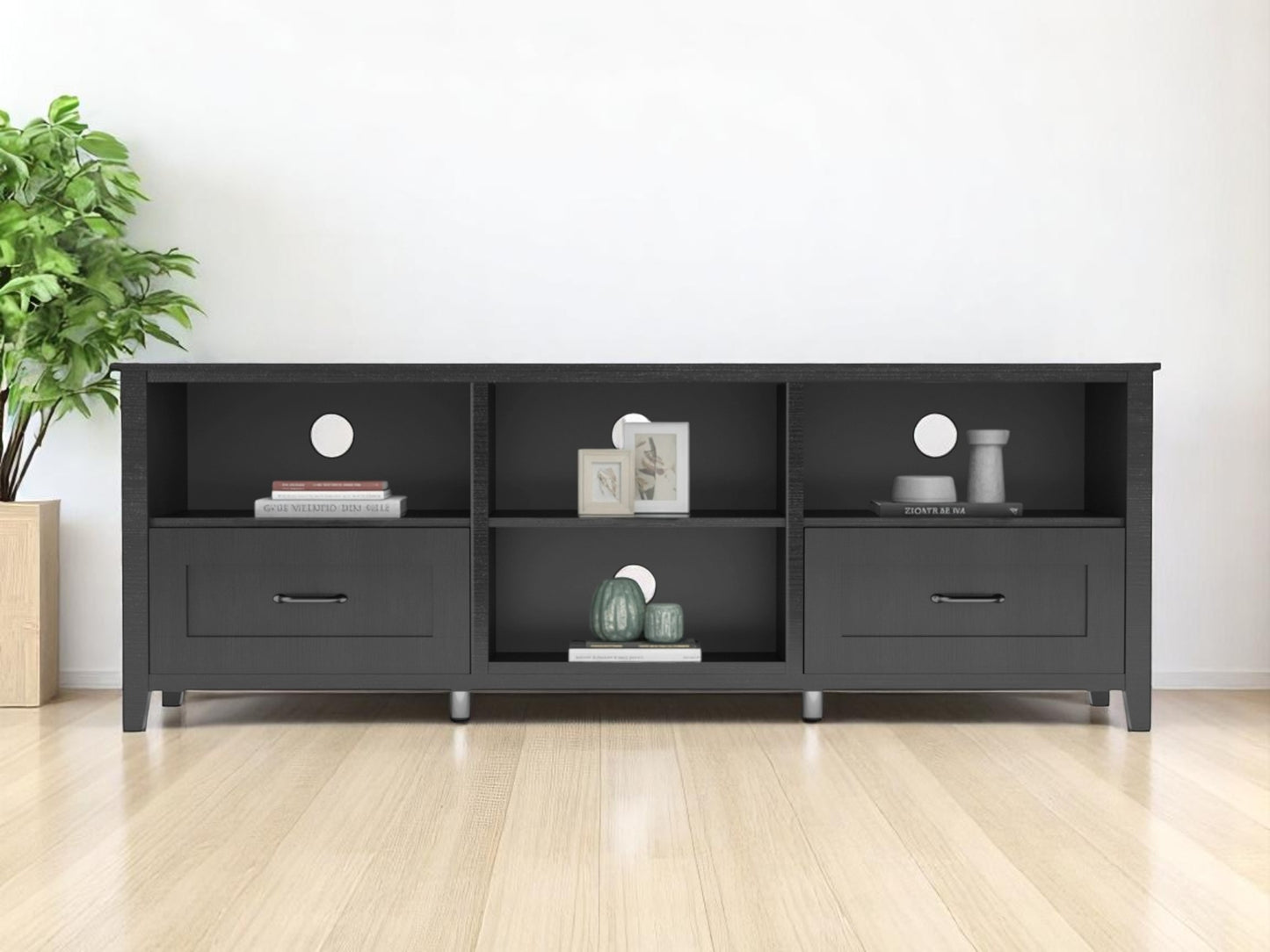 70" Black Wood Enclosed and Open Storage TV Stand-2