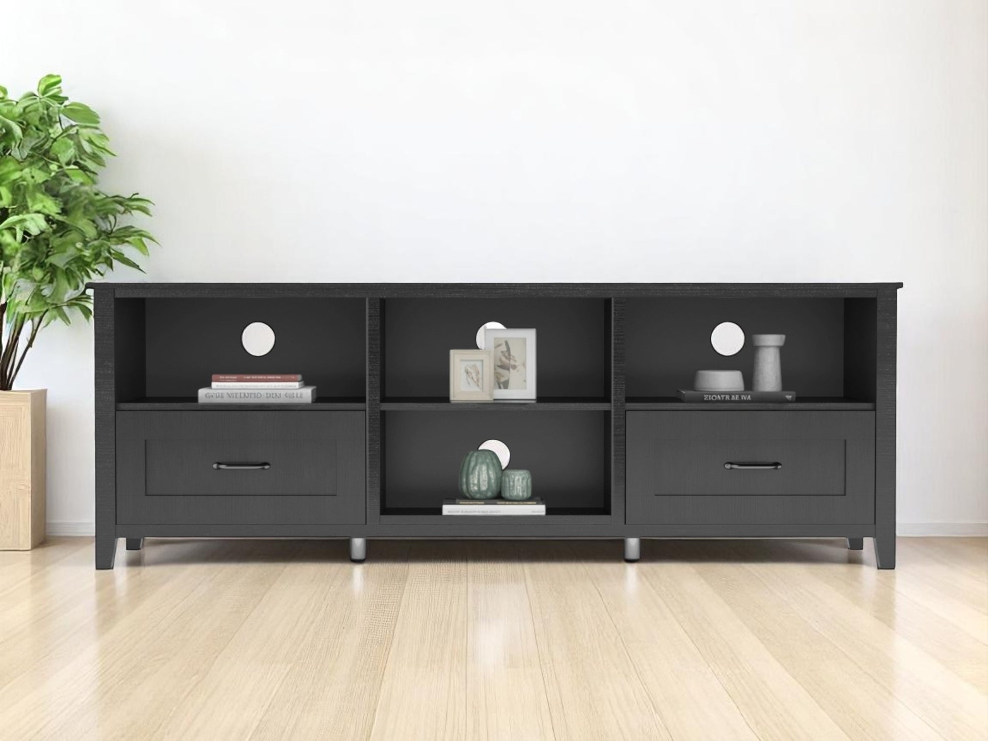 70" Black Wood Enclosed and Open Storage TV Stand-2