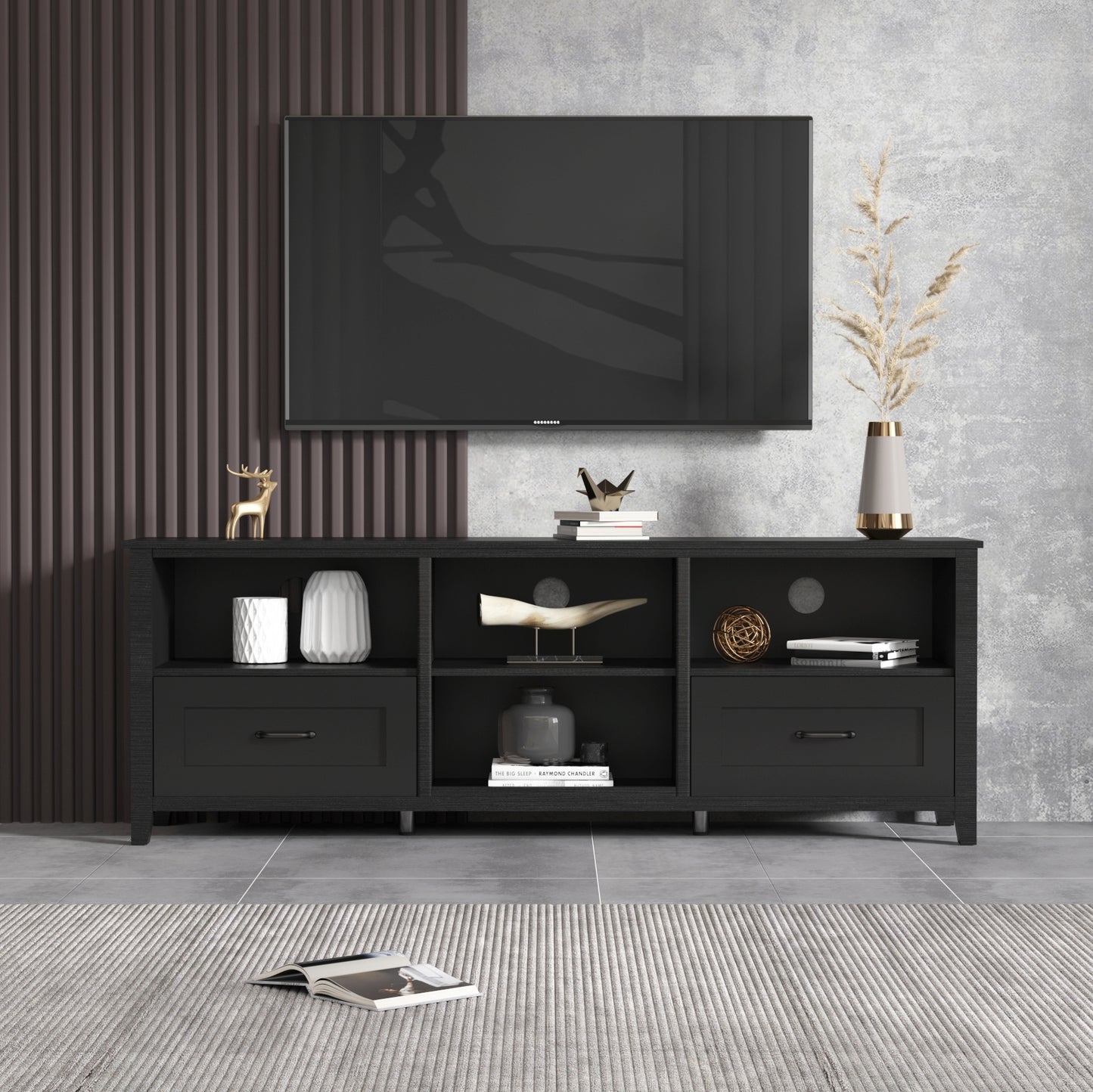 70" Black Wood Enclosed and Open Storage TV Stand-8