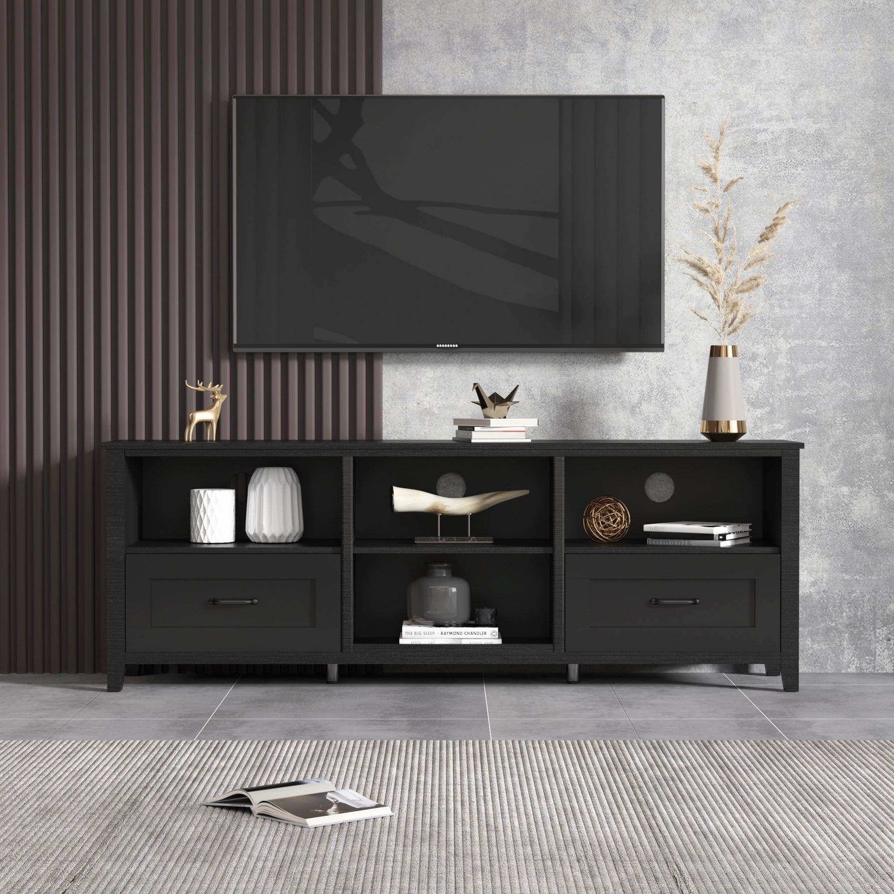 70" Black Wood Enclosed and Open Storage TV Stand-8