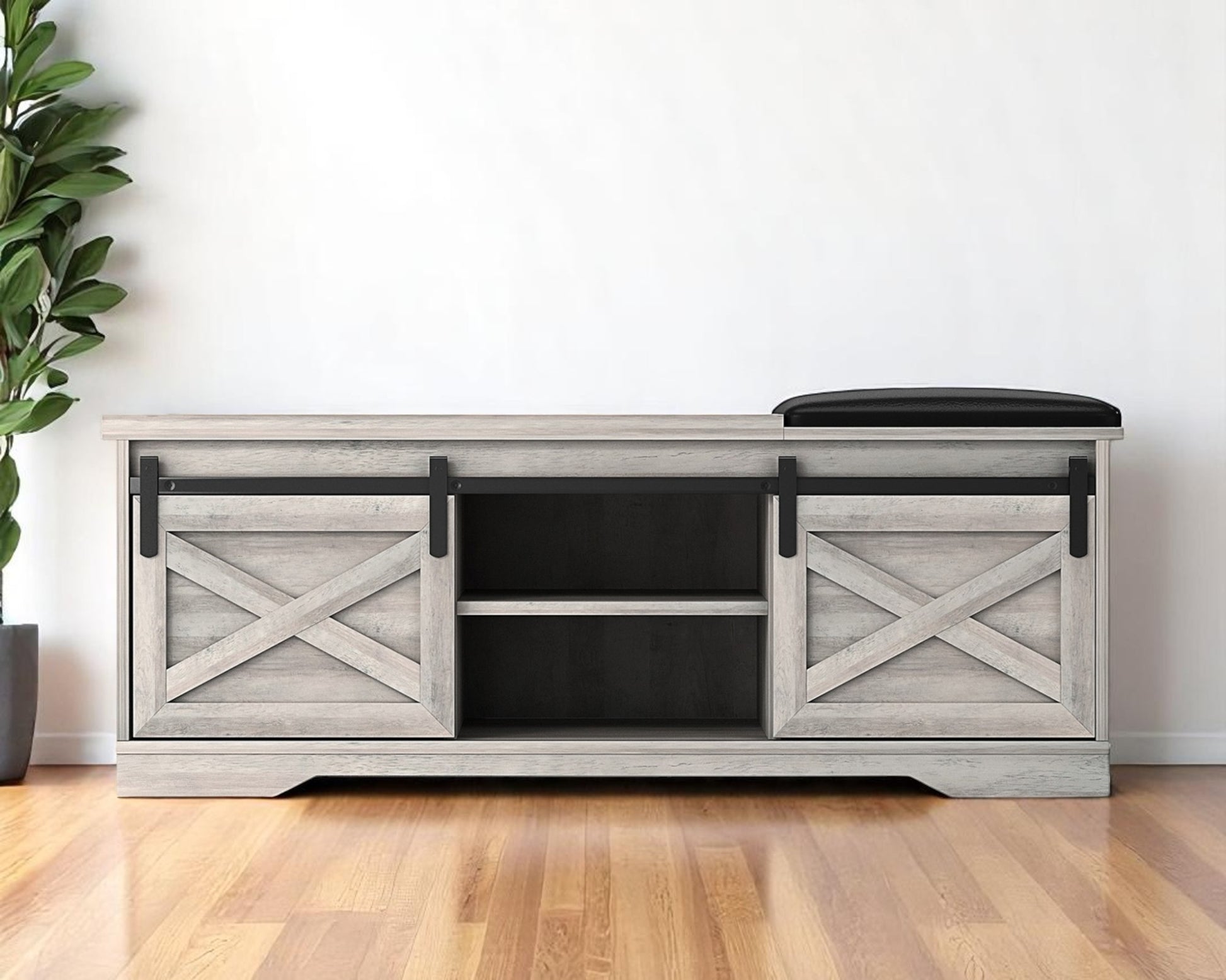 47" Gray And Black Wood And Faux Leather Storage Bench with Shelves-0