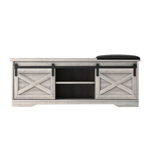 47" Gray And Black Wood And Faux Leather Storage Bench with Shelves-1