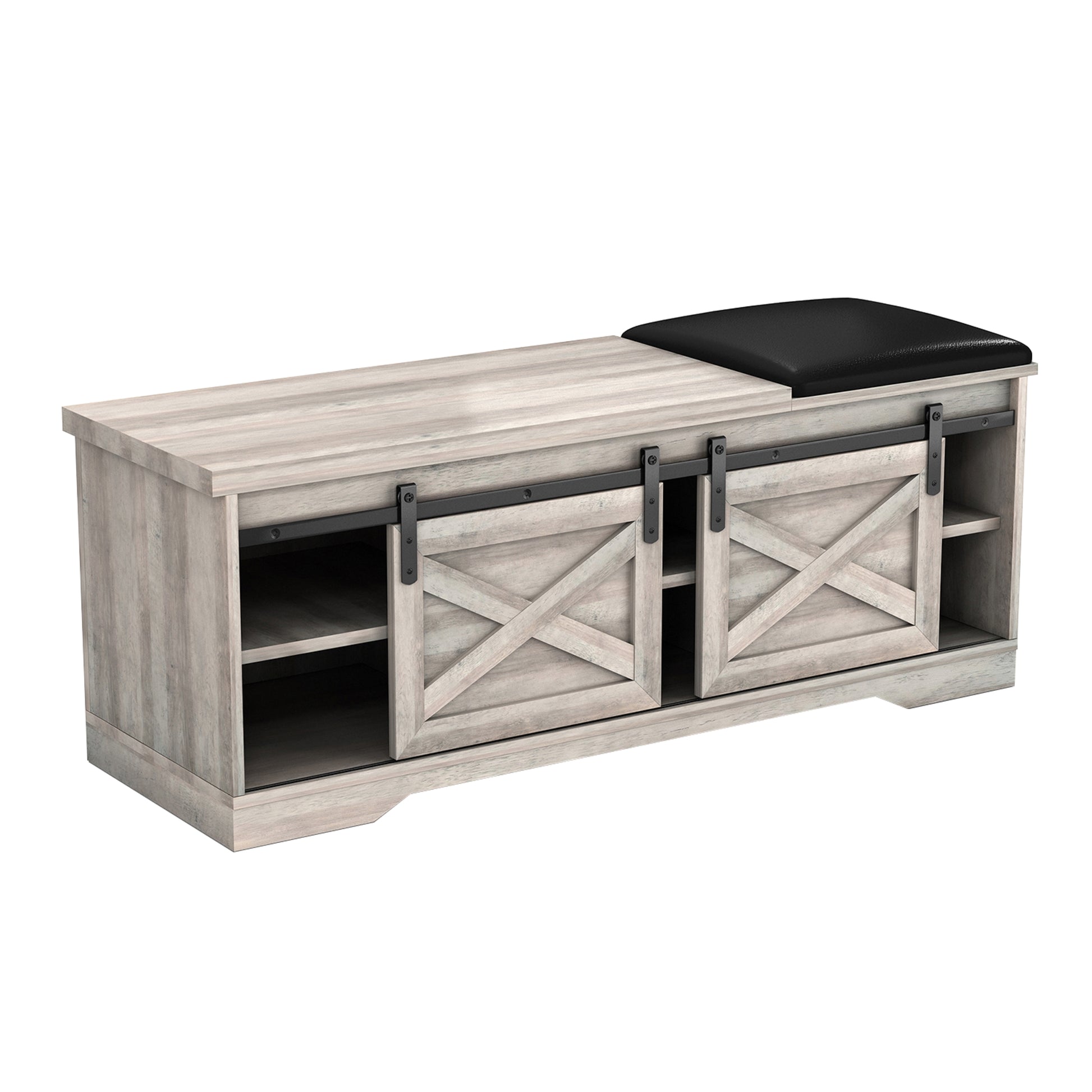 47" Gray And Black Wood And Faux Leather Storage Bench with Shelves-2