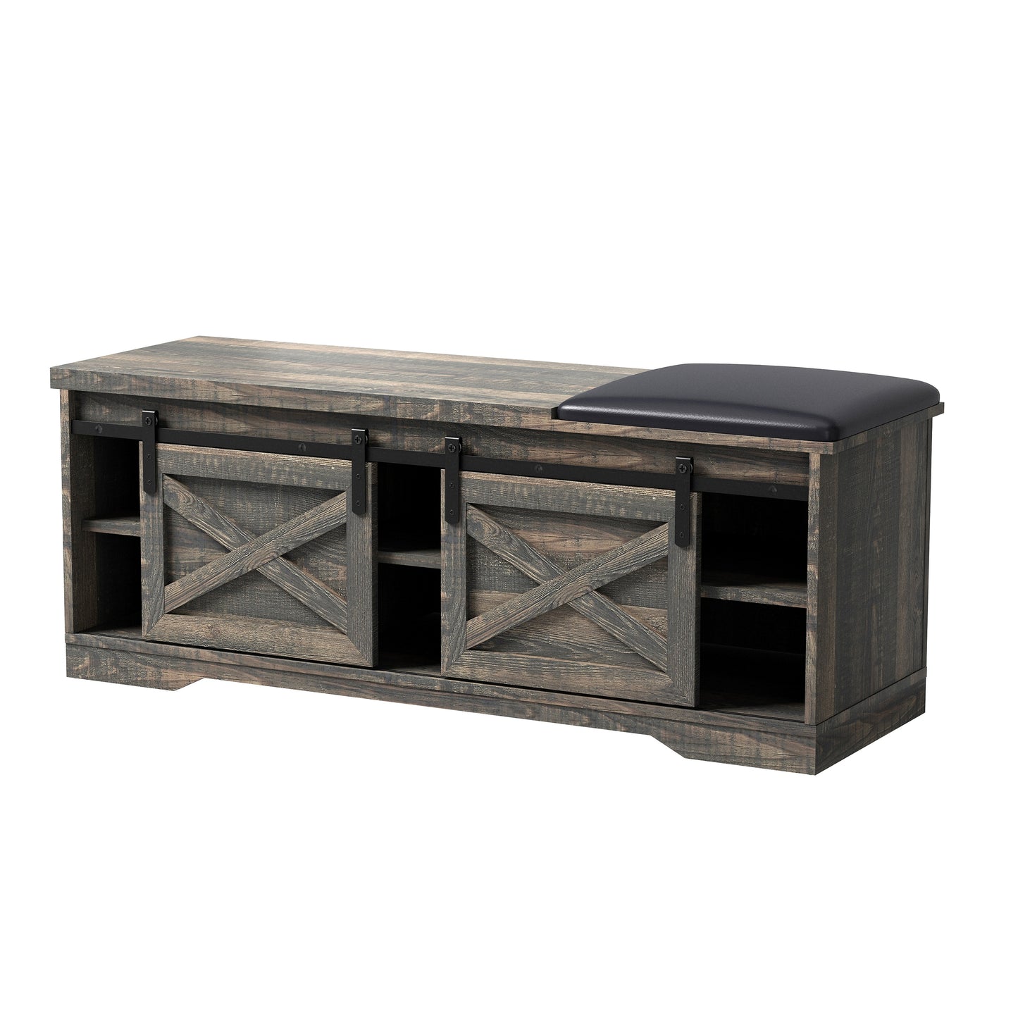 47" Black and Dark Brown Faux Leather and Wood Bench with Shoe Storage And Shelves-2