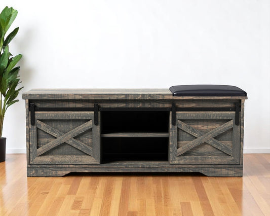 47" Black and Dark Brown Faux Leather and Wood Bench with Shoe Storage And Shelves-0