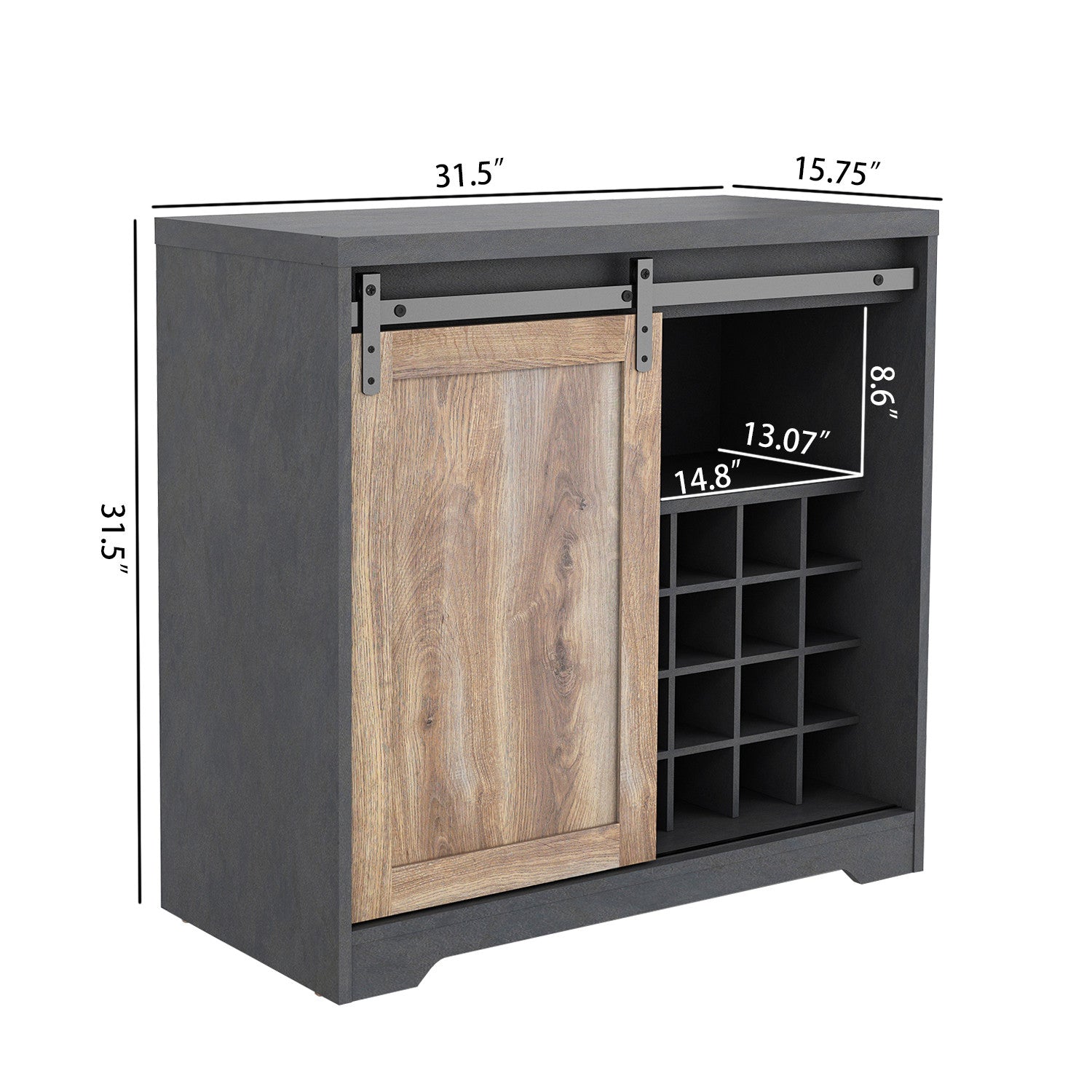 32" Charcoal And Natural Wood Barn Door Bar Cabinet-8
