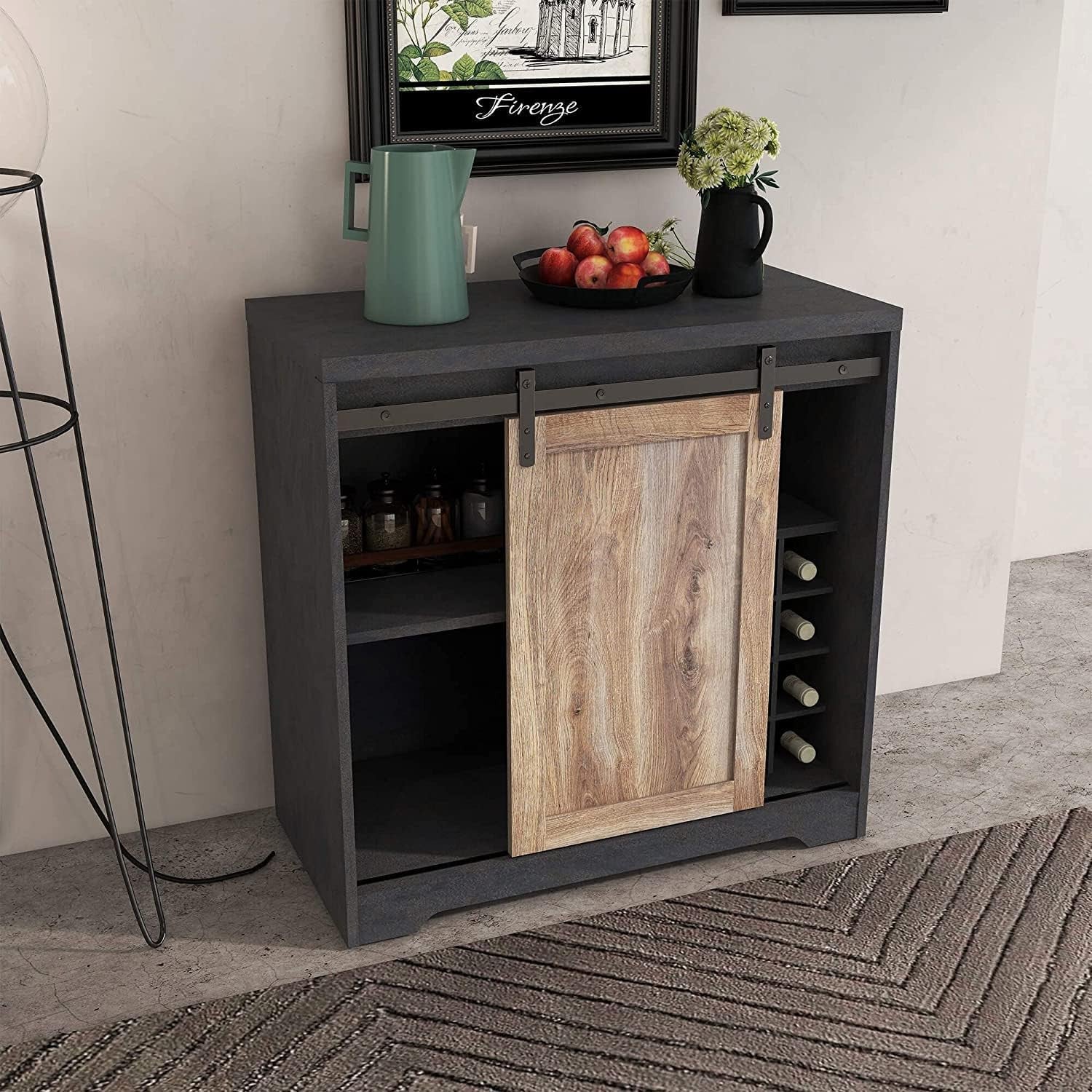 32" Charcoal And Natural Wood Barn Door Bar Cabinet-6