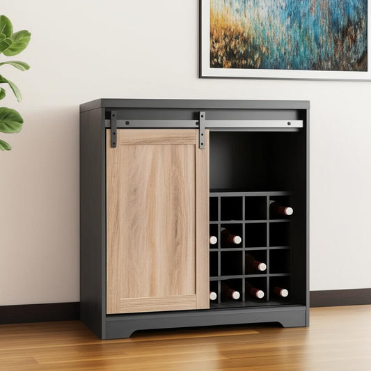 32" Charcoal And Natural Wood Barn Door Bar Cabinet-1