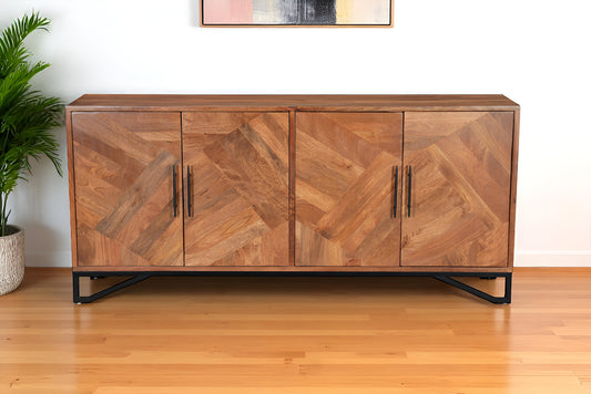 82" Brown Solid Wood Carved Geometric Sideboard with Four Doors-0
