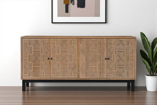 80" Brown Solid Wood Carved Geometric Sideboard with Four Doors-1