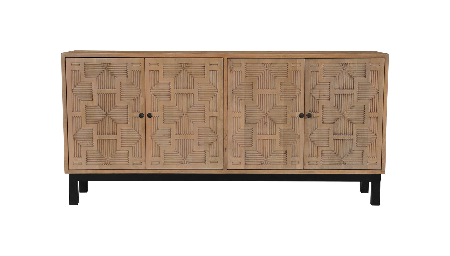 80" Brown Solid Wood Carved Geometric Sideboard with Four Doors-2