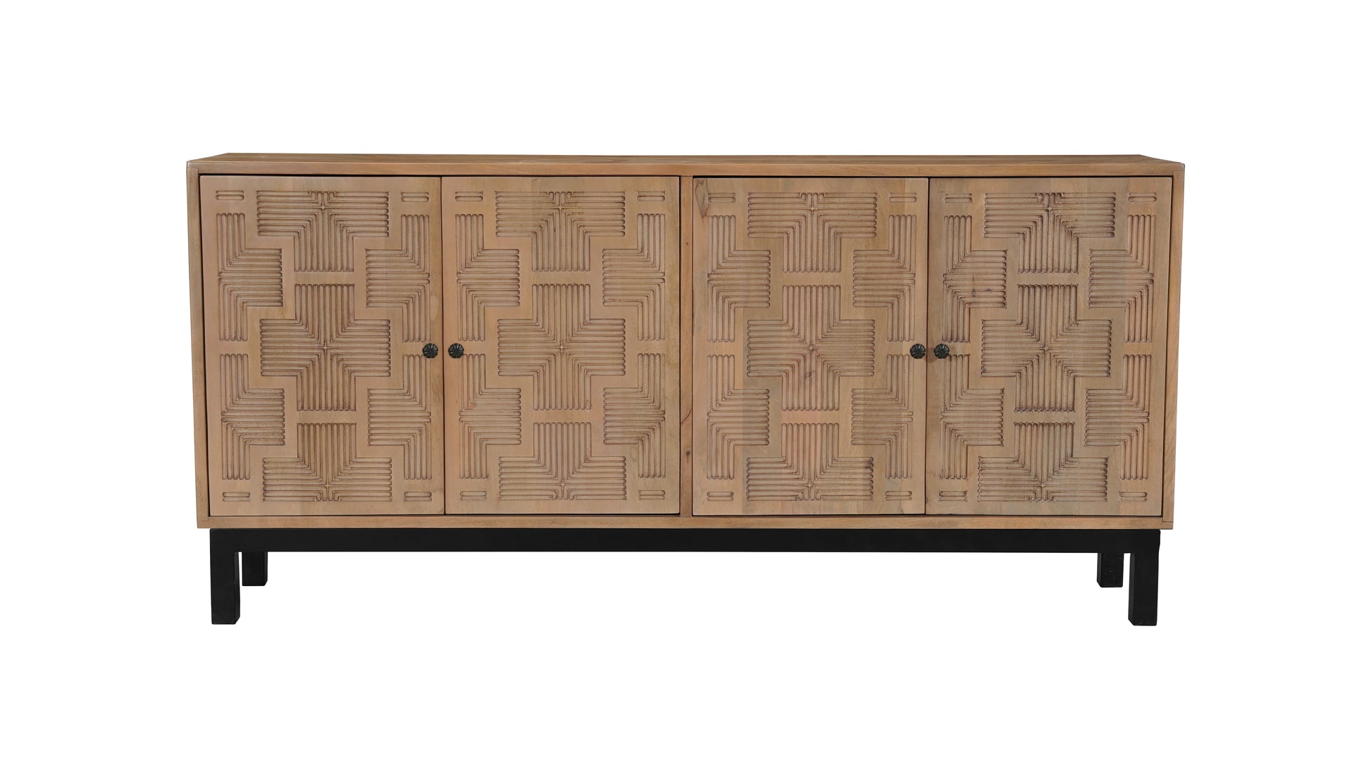 80" Brown Solid Wood Carved Geometric Sideboard with Four Doors-2