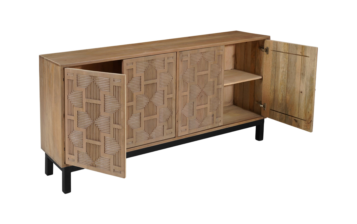 80" Brown Solid Wood Carved Geometric Sideboard with Four Doors-3