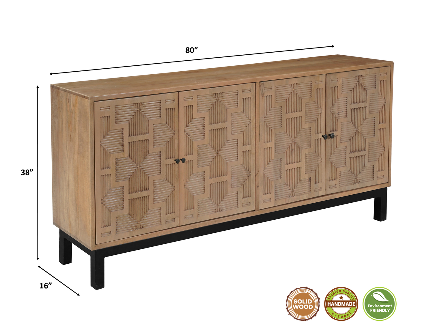 80" Brown Solid Wood Carved Geometric Sideboard with Four Doors-8