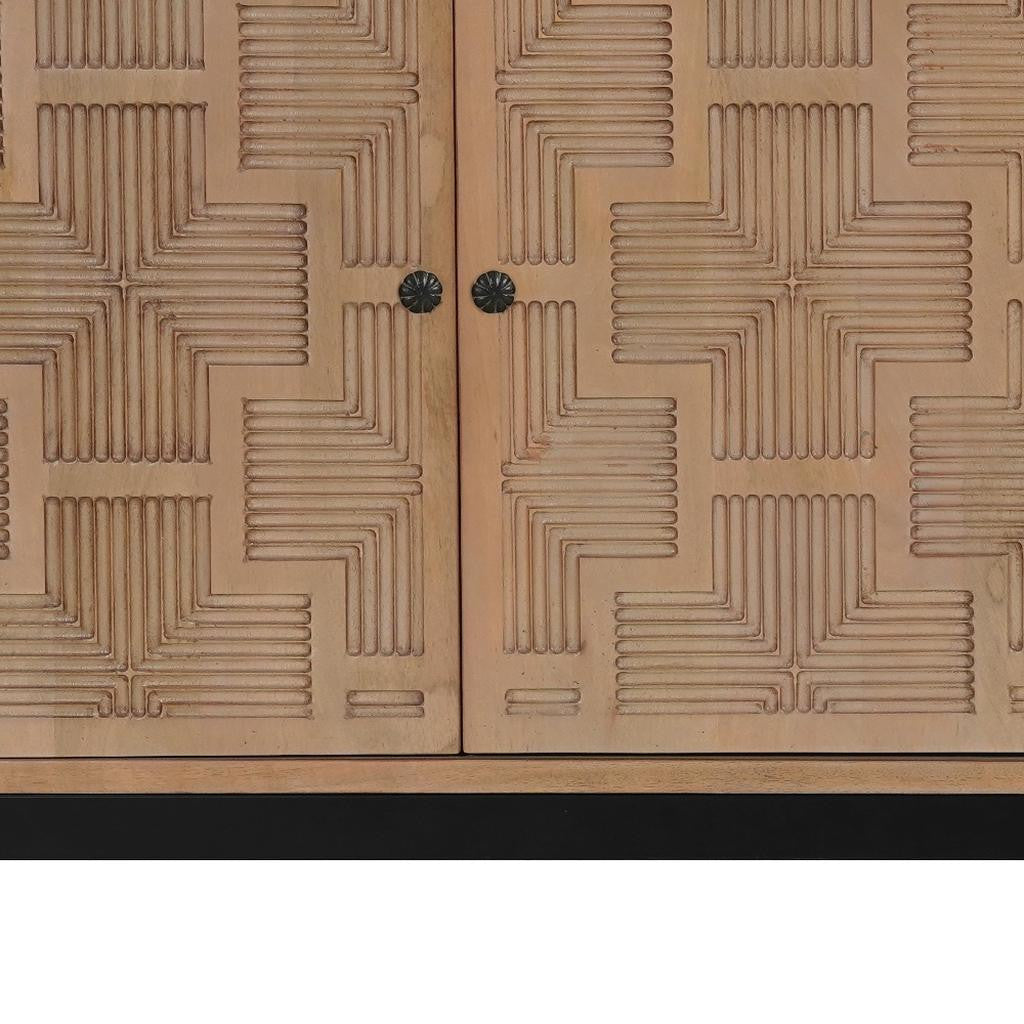 80" Brown Solid Wood Carved Geometric Sideboard with Four Doors-7
