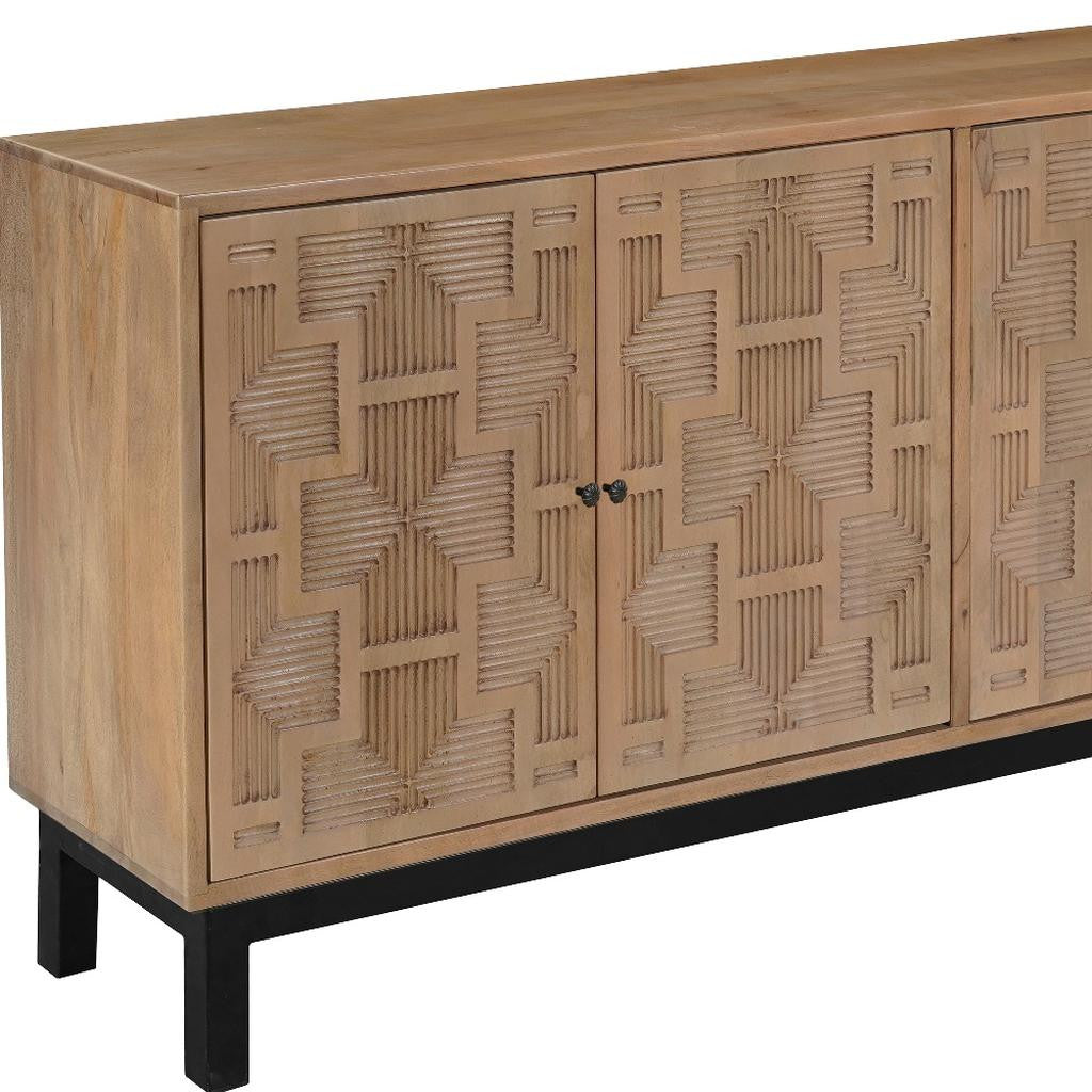 80" Brown Solid Wood Carved Geometric Sideboard with Four Doors-6
