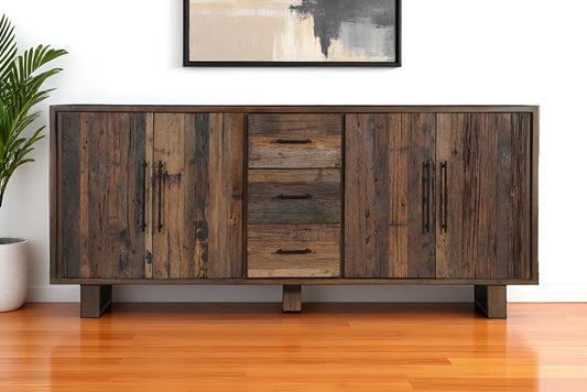 83" Dark Brown Distressed Reclaimed Wood Three Drawer Sideboard with Four Doors-0