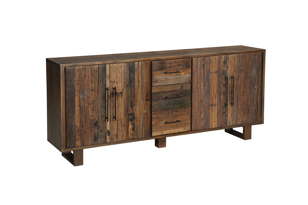 83" Dark Brown Distressed Reclaimed Wood Three Drawer Sideboard with Four Doors-2
