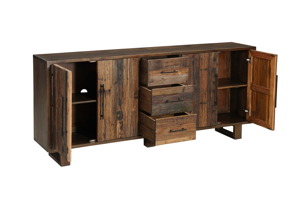 83" Dark Brown Distressed Reclaimed Wood Three Drawer Sideboard with Four Doors-3