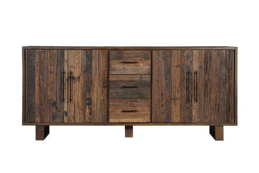 83" Dark Brown Distressed Reclaimed Wood Three Drawer Sideboard with Four Doors-1