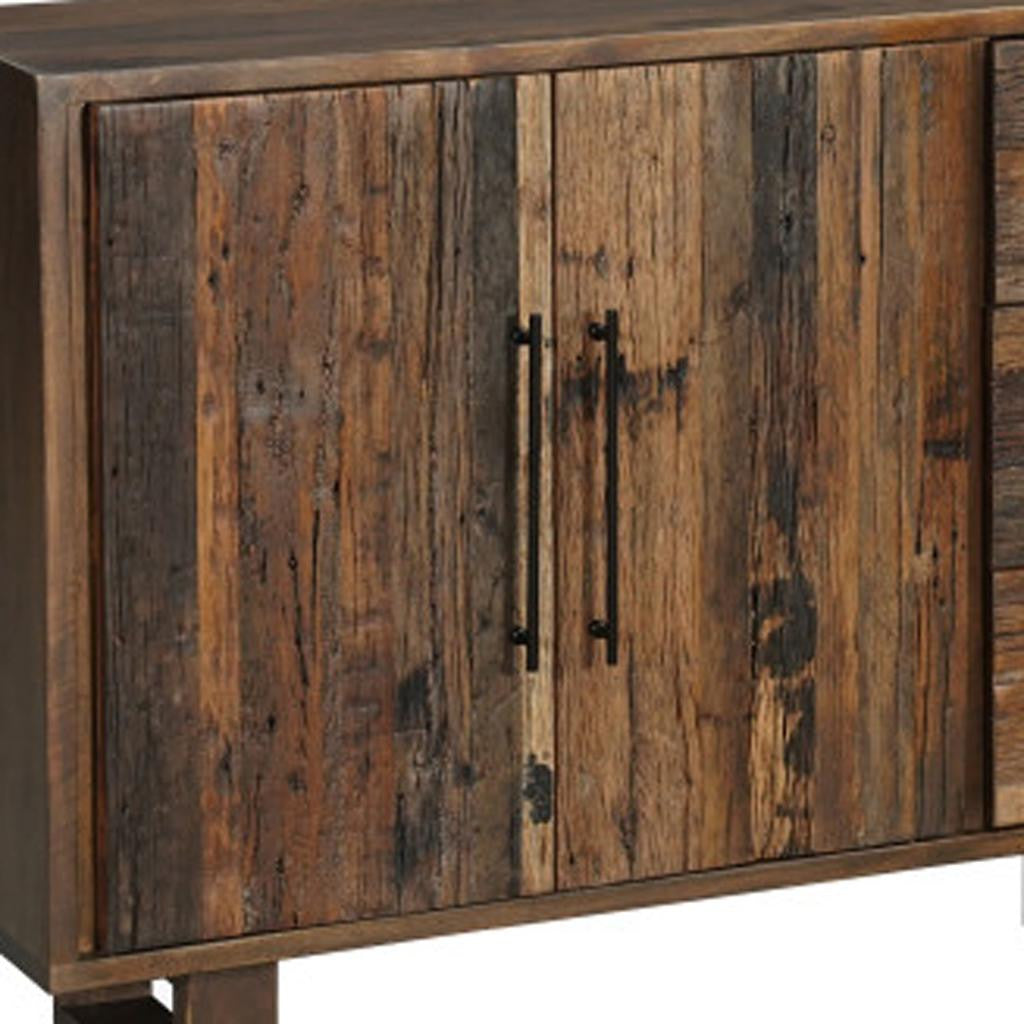 83" Dark Brown Distressed Reclaimed Wood Three Drawer Sideboard with Four Doors-6