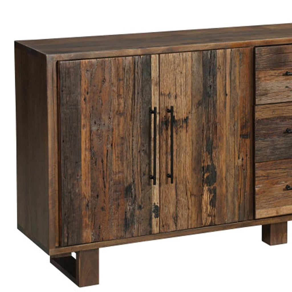 83" Dark Brown Distressed Reclaimed Wood Three Drawer Sideboard with Four Doors-7