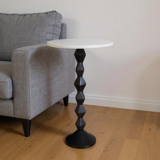25" White and Black Marble and Aluminum Round Pedestal End Table-1