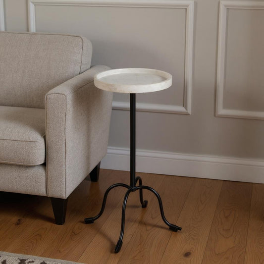 25" White and Black Marble and Iron Round Pedestal End Table-1