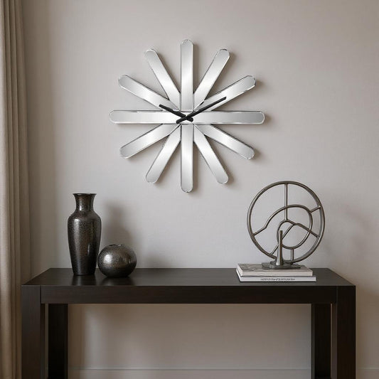 26" Silver Mirrored Glass Silent Analog Starburst Wall Clock-0