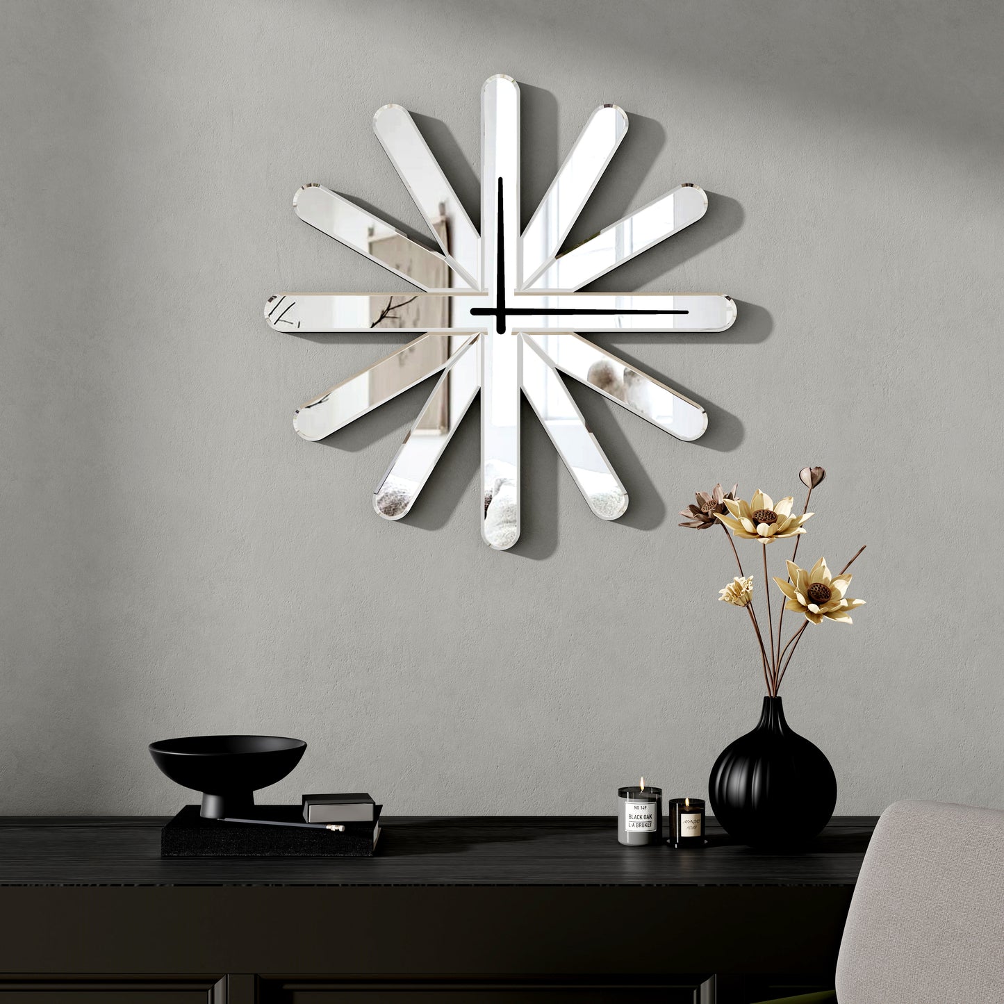 26" Silver Mirrored Glass Silent Analog Starburst Wall Clock-5