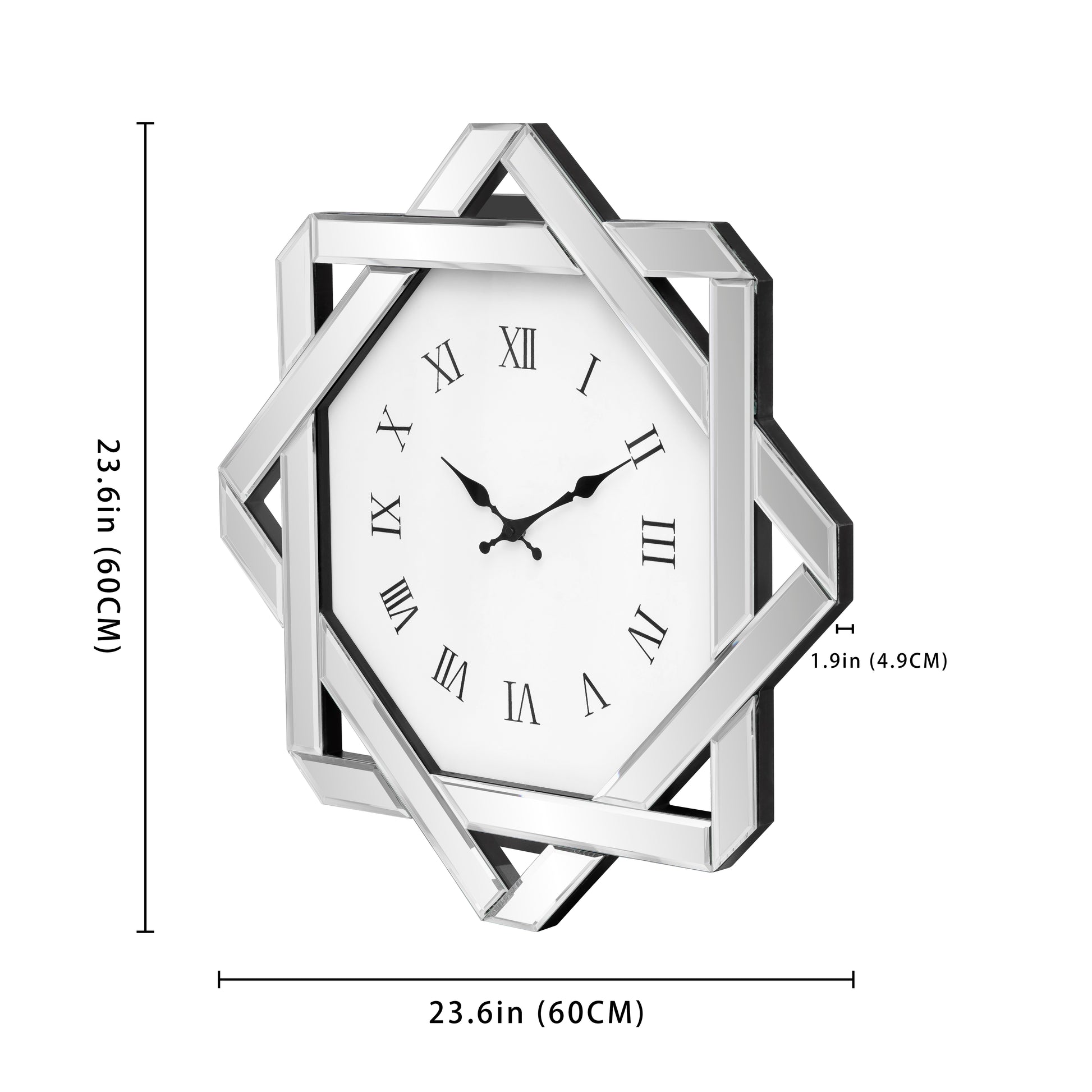 26" Silver Mirrored Glass Silent Analog Geometric Wall Clock-8