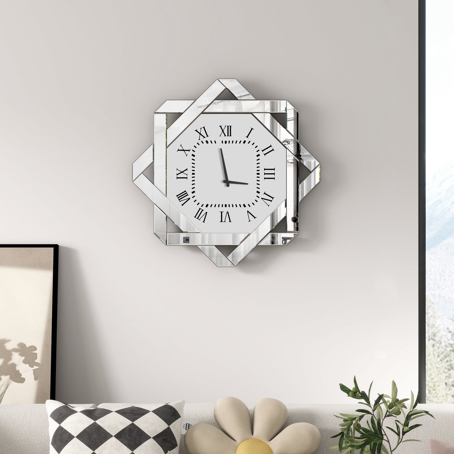 26" Silver Mirrored Glass Silent Analog Geometric Wall Clock-4