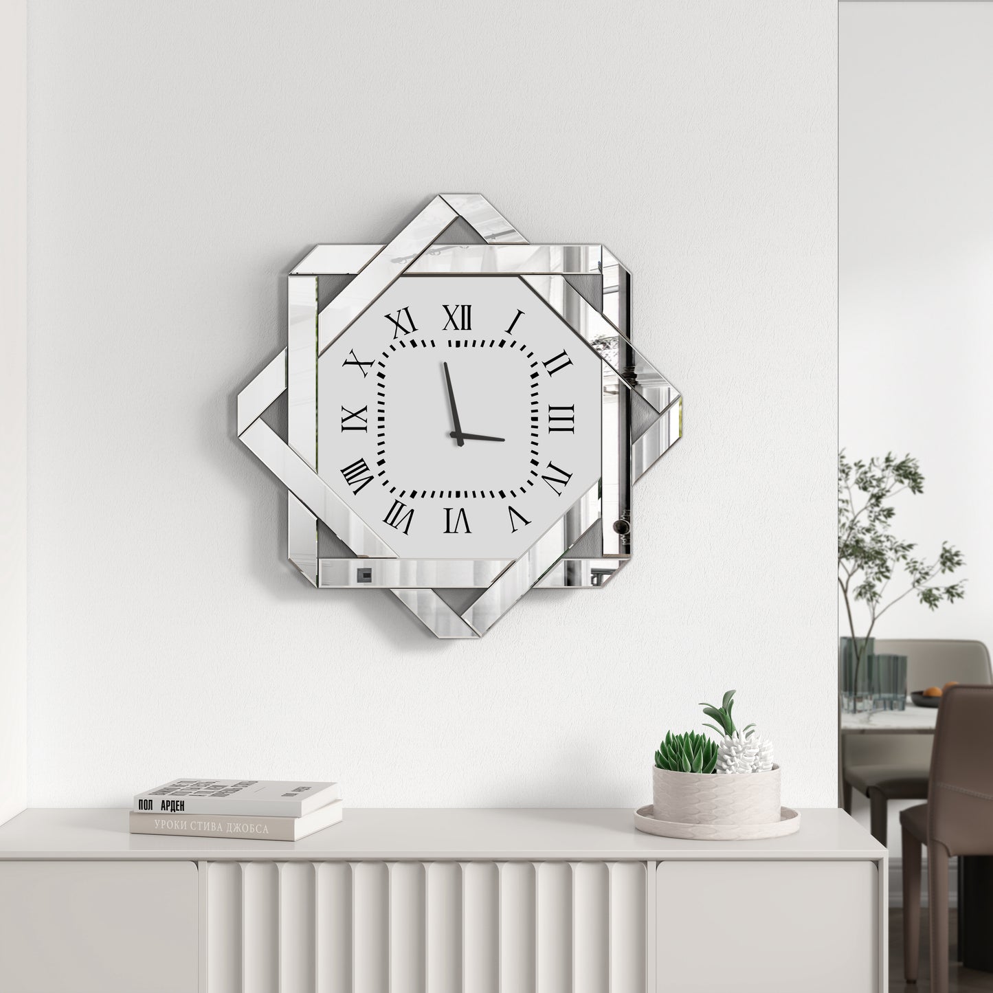 26" Silver Mirrored Glass Silent Analog Geometric Wall Clock-5