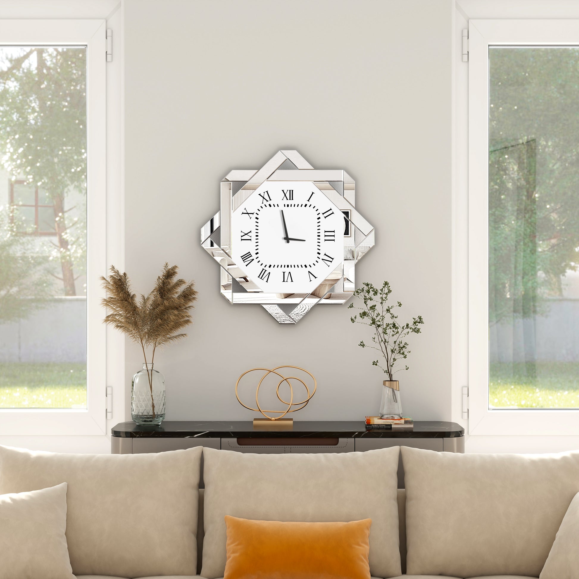 26" Silver Mirrored Glass Silent Analog Geometric Wall Clock-6